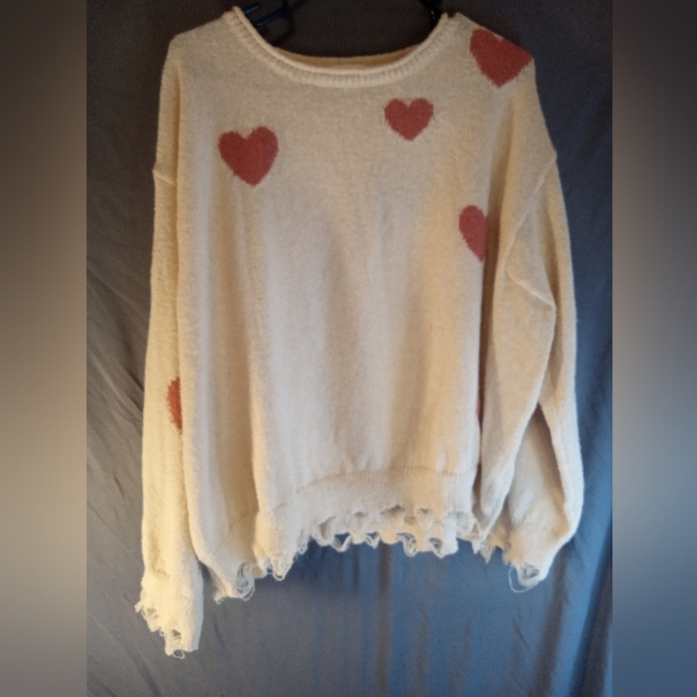 Adora Boat Neck Valentine's Frayed Heart Patterned Cream Sweater